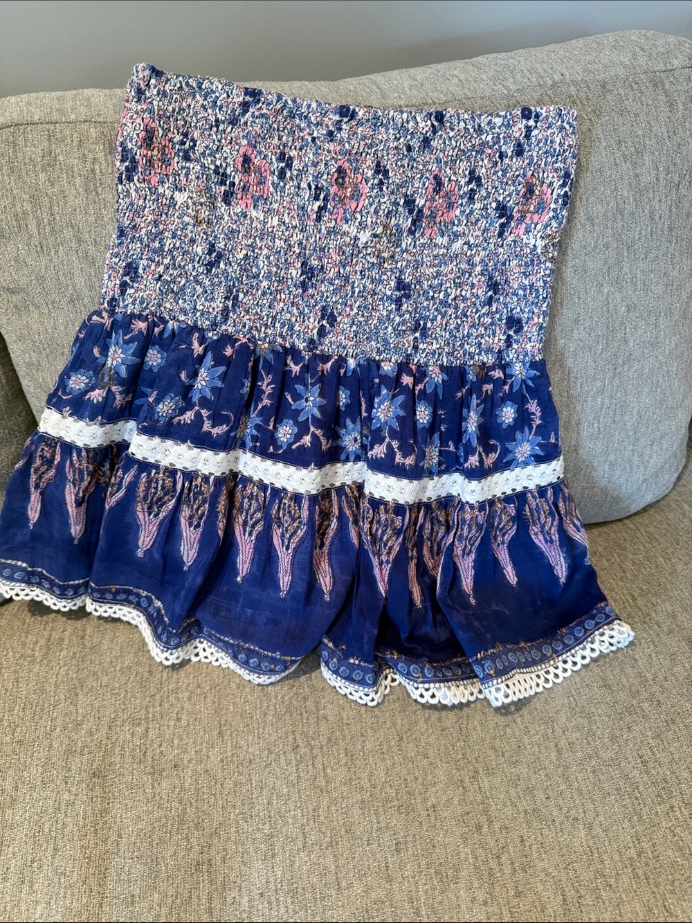 Navy Floral Smocked Tiered Mini Skirt with Lace Trim